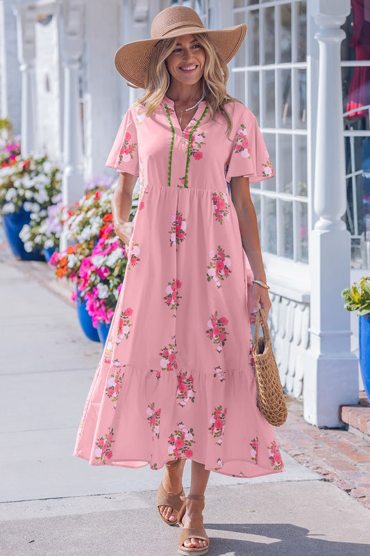 Pink Flutter Short Sleeve Floral Print Maxi