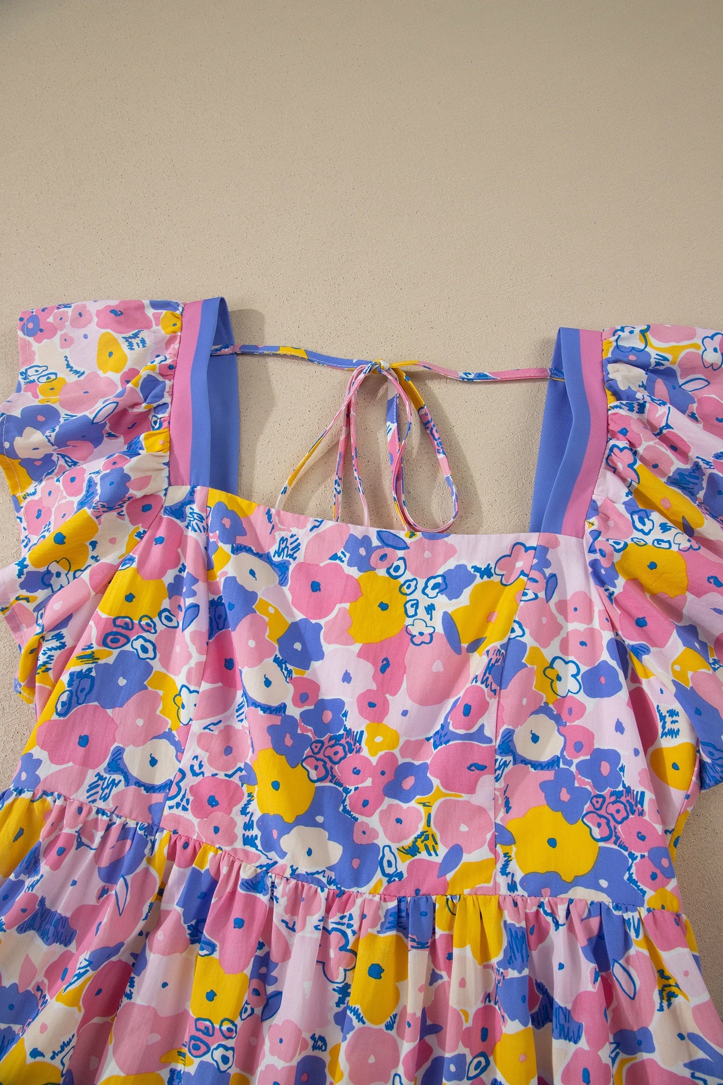 Multicolour Floral Print Flutter Sleeve Striped Trim Square Neck Loose Dress
