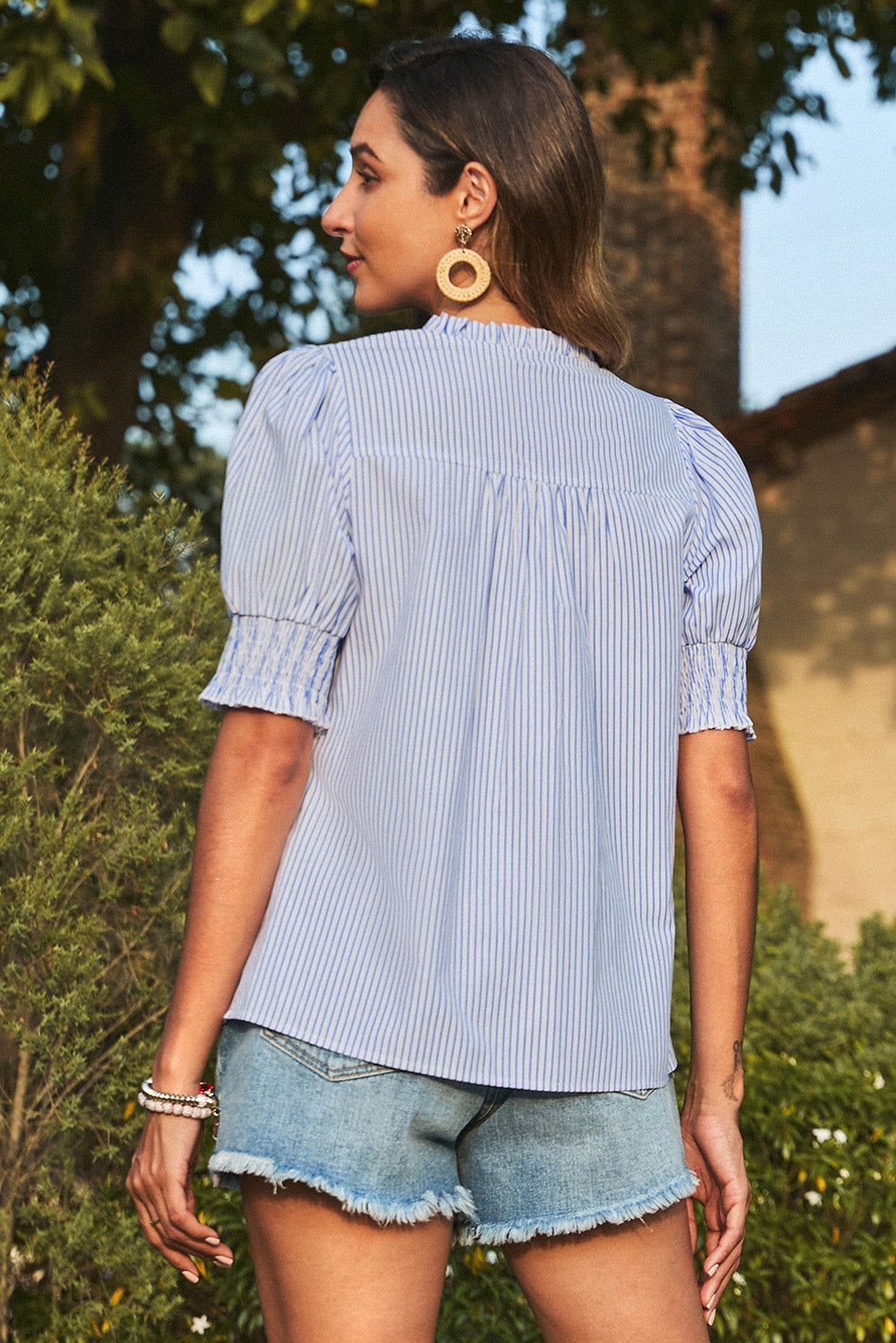 Blue Stripe Shirred Detail V Neck Puff Half Sleeve V Neck Blouse