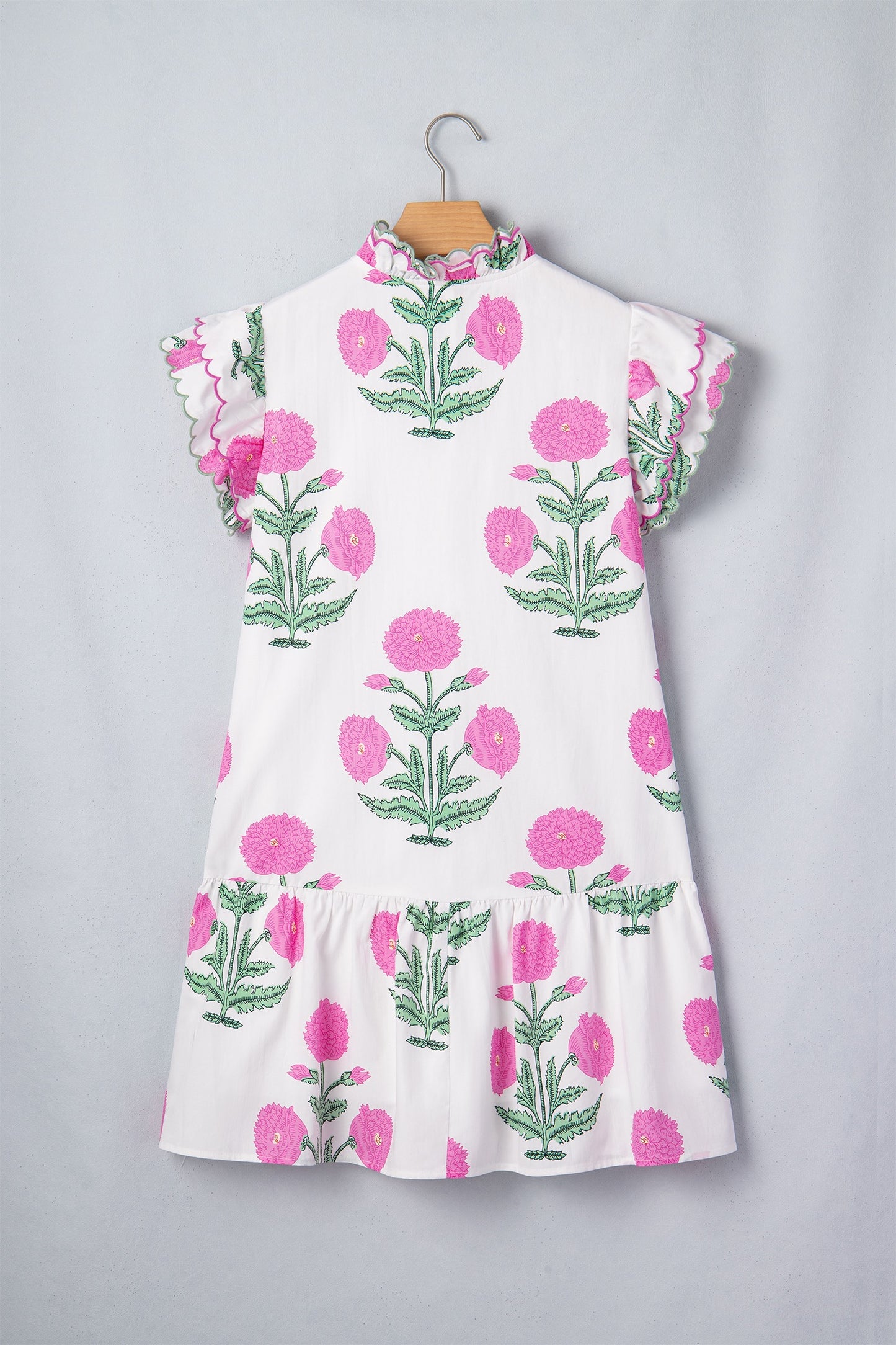 Floral Print Scalloped Embroidery Trim V Neck Drop Waist Dress
