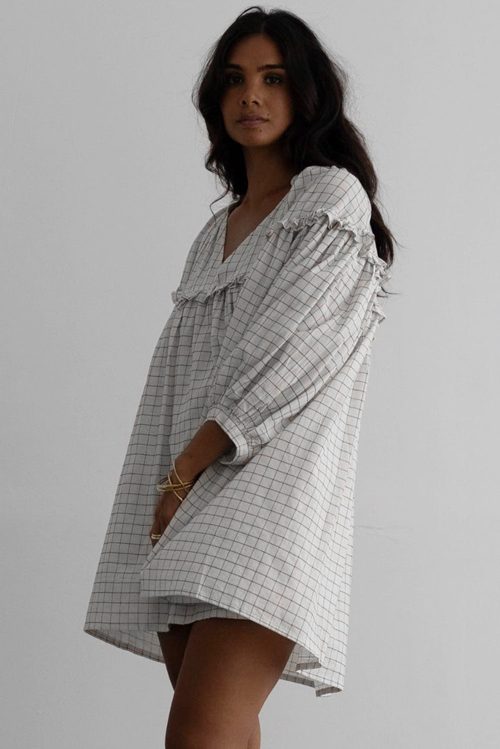 White Stripe Checkered Frill, V-Neck, Bracelet Sleeve Babydoll Dress