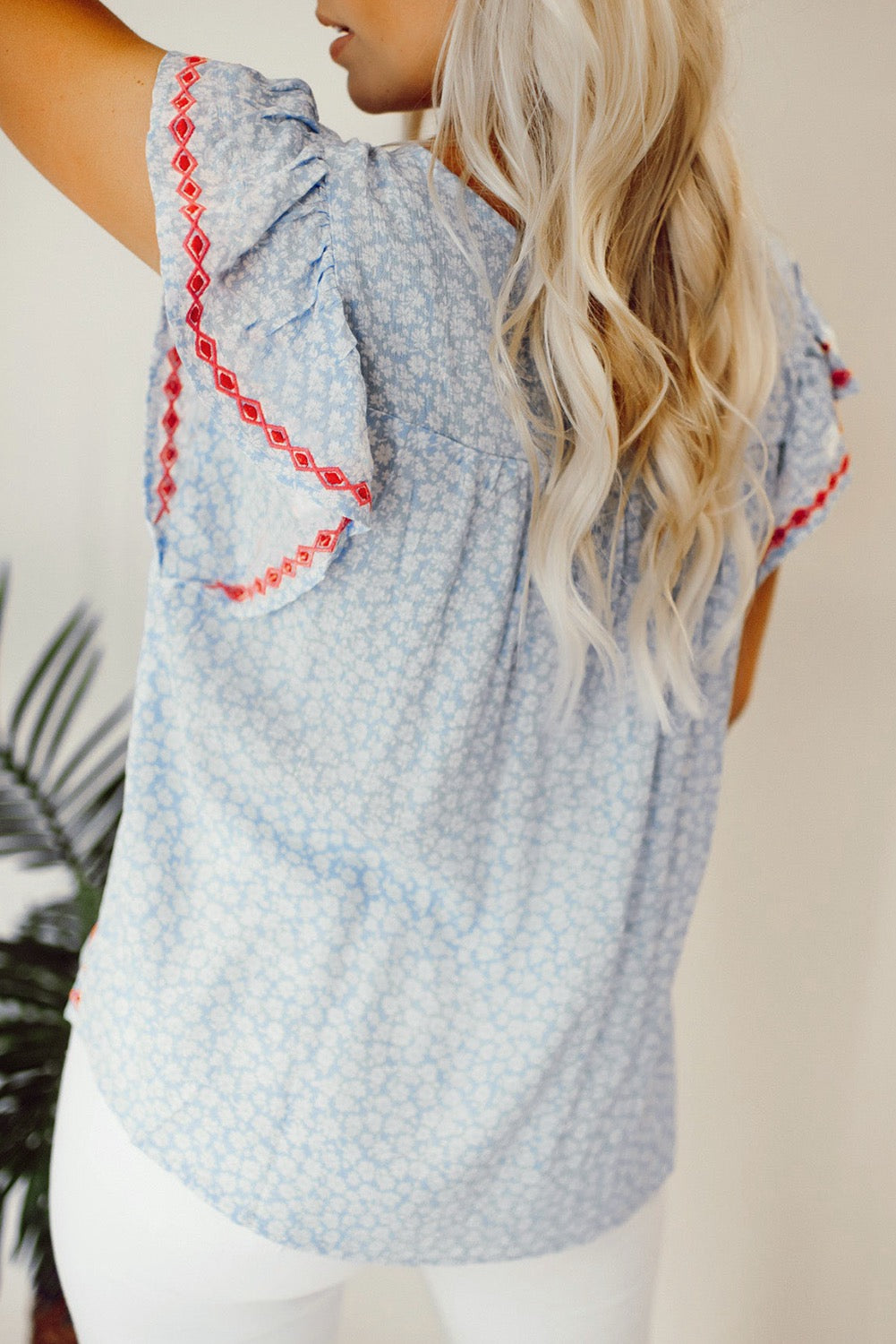 Blue Boho Flutter Sleeve Blouse
