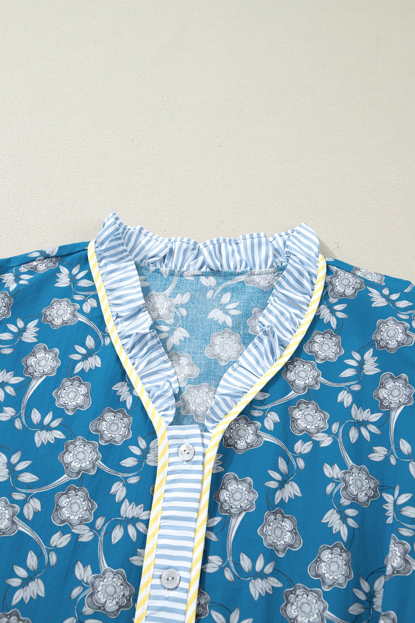 Blue Plus Size Floral Print Striped Patchwork Detail Button Front Ruffle Hem