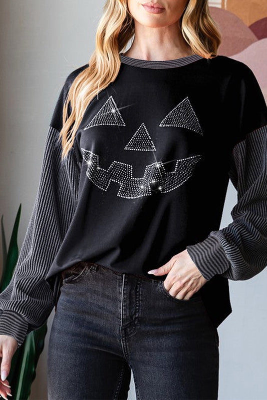 Black Halloween Rhinestone Pumpkin Face Contrast Ribbed Long Sleeve Patchwork Shirt