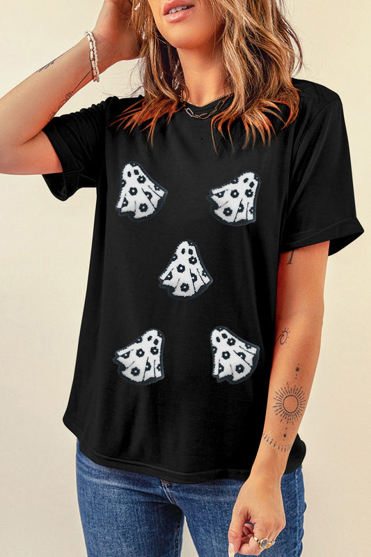 Black Halloween Rhinestone Pumpkin Face Contrast Ribbed Long Sleeve Patchwork Shirt