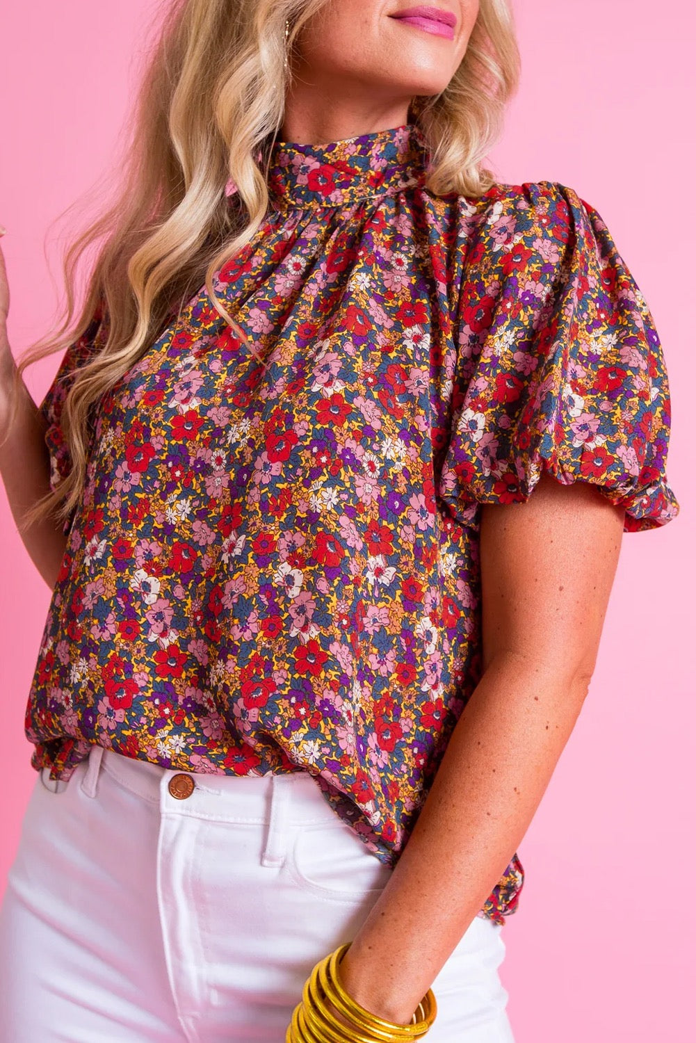 High Neck Puff Sleeve Purple Floral Blouse