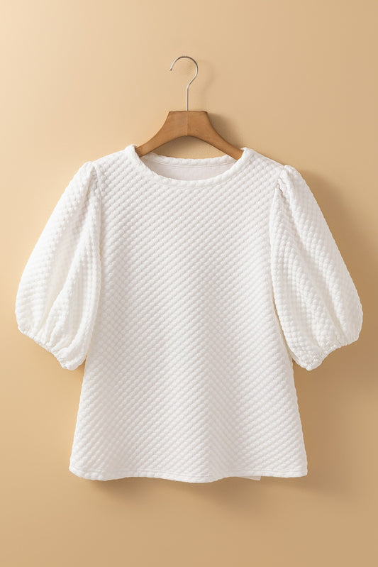 White Textured Top with Puff Sleeves