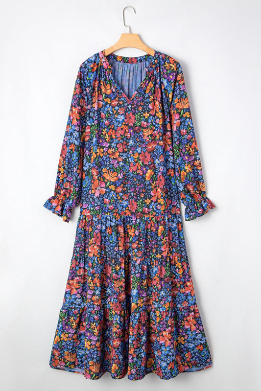 Blue Floral Print Tassel Tie V Neck Long Sleeve Flowy Dress