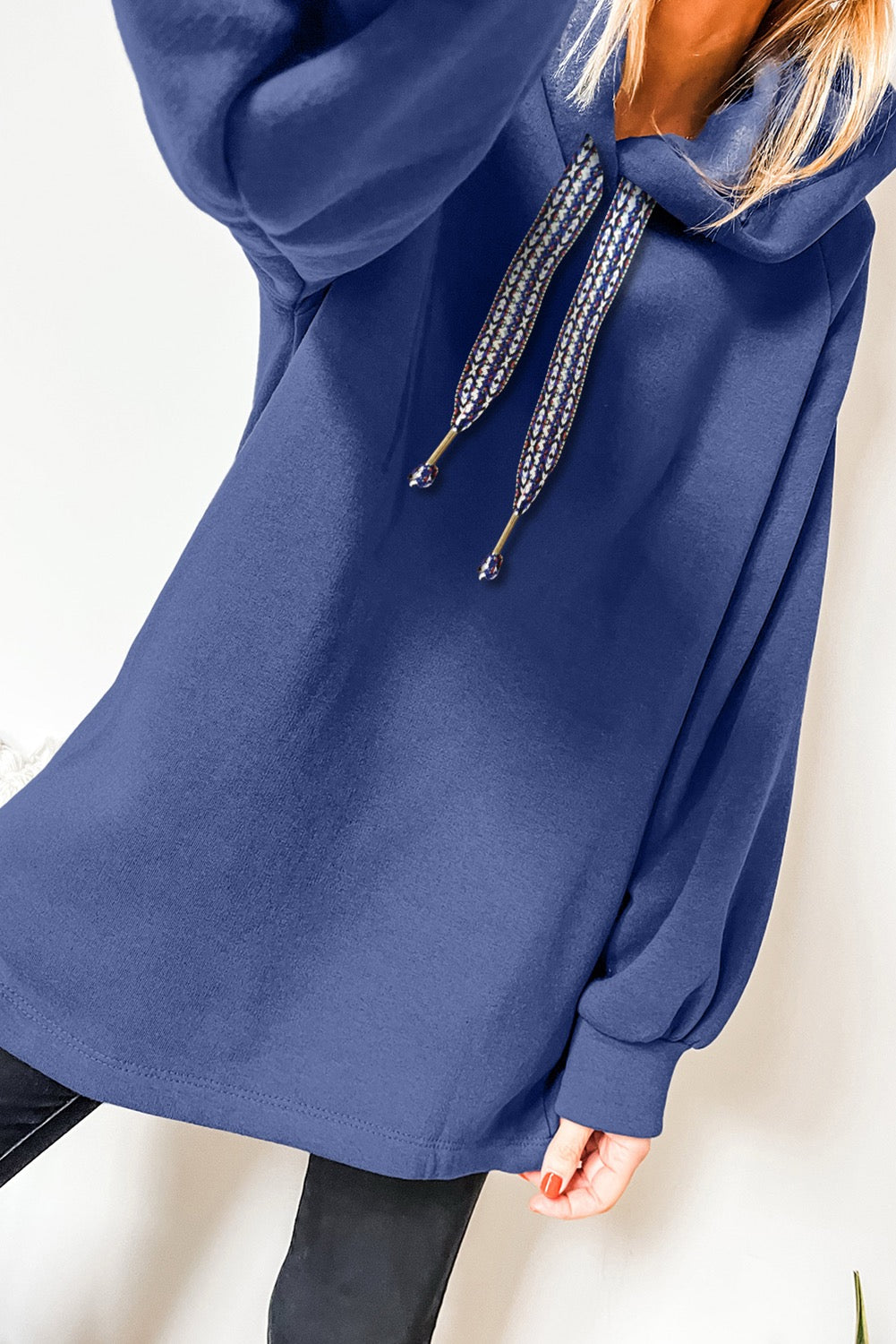 Dirty Blue Fleece Lined Adjustable Drawstring Oversize Tunic Hoodie