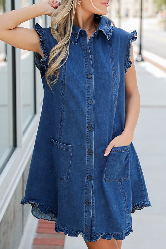 Dark Wash Ruffled Edge Collared Shift Denim Dress with Pockets