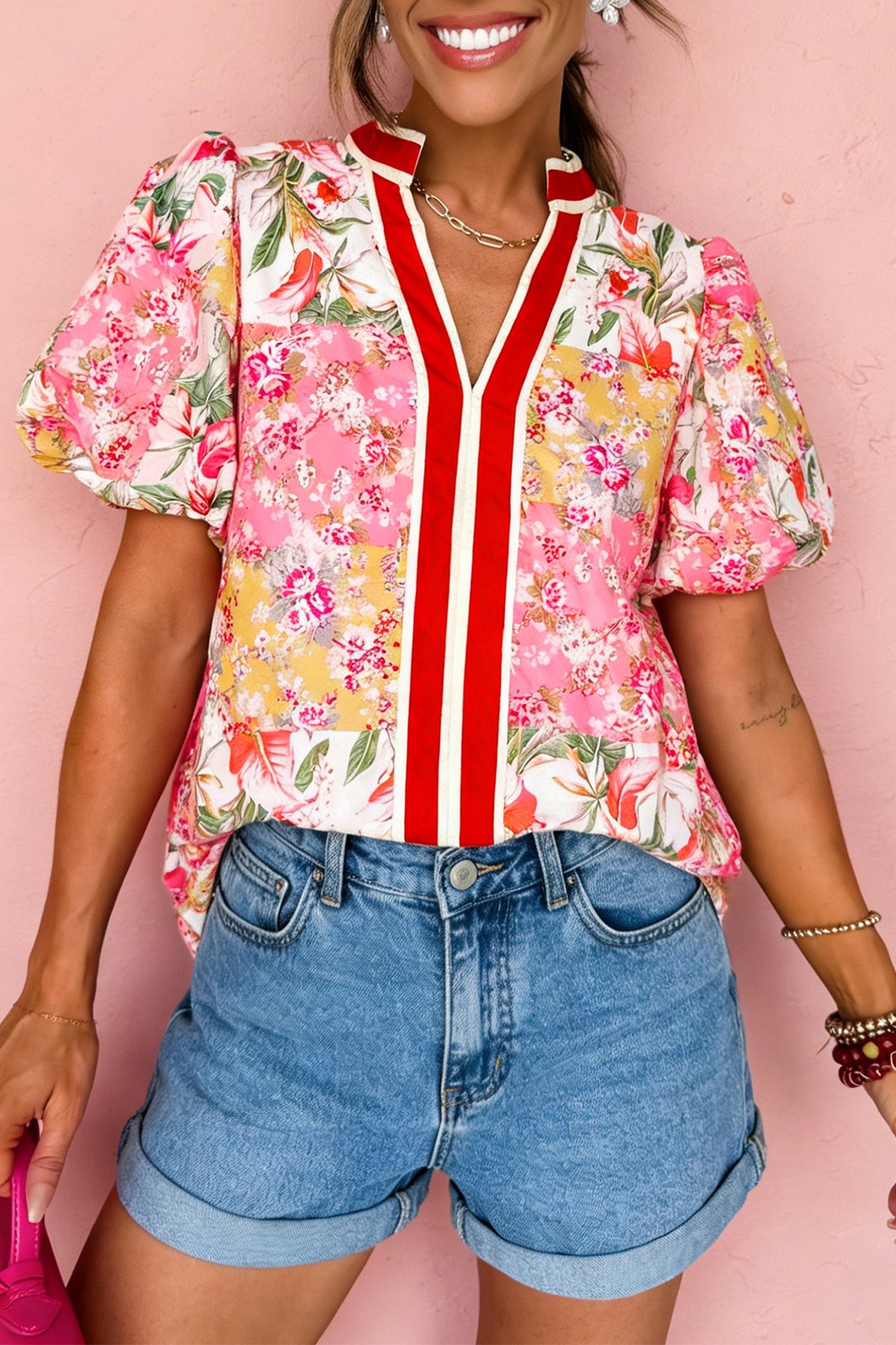 White Floral Print Striped Patchwork Button Neck Short Sleeve Blouse