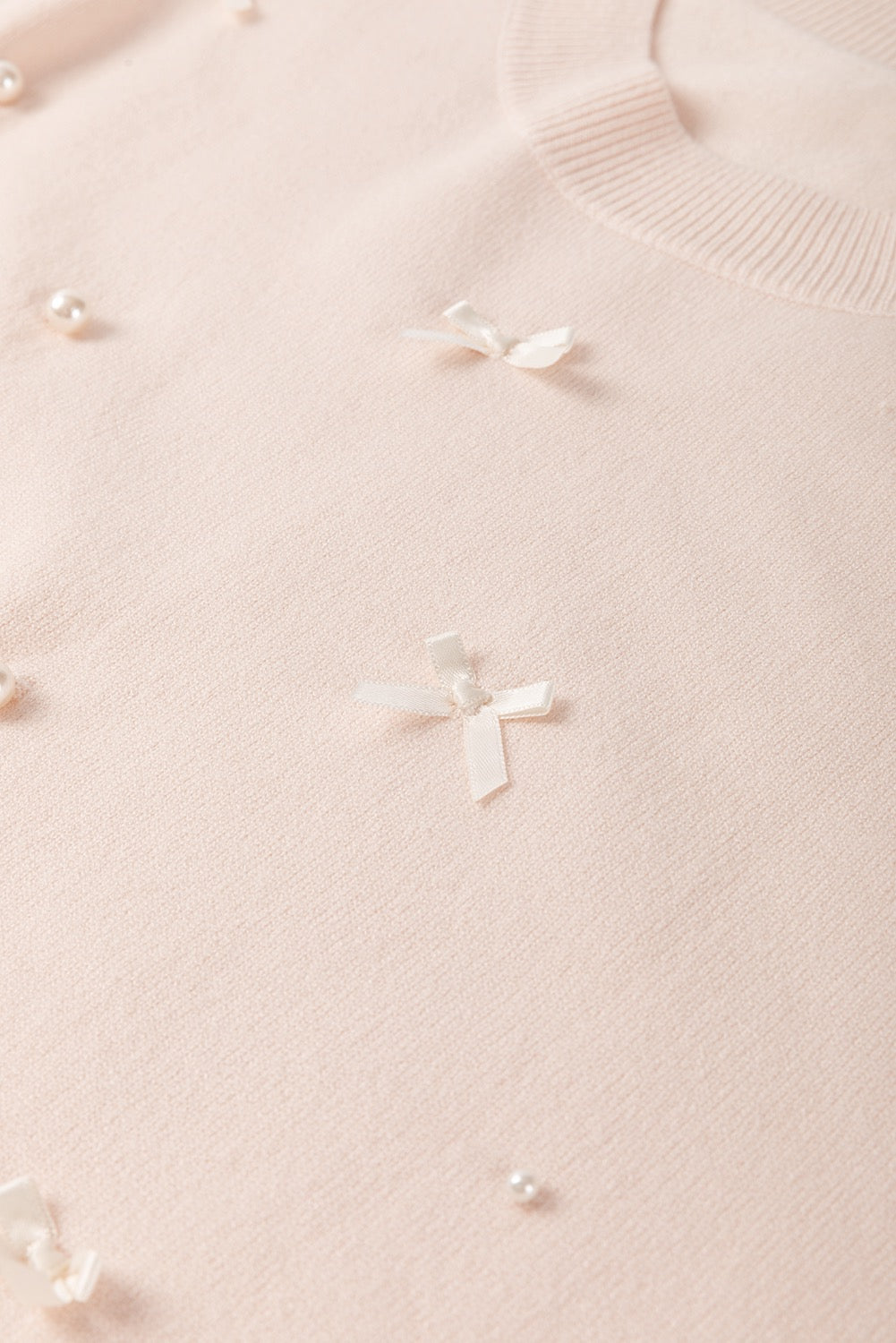 Oatmeal Pearl Bow Embellished Dolman Short Sleeve Sweater