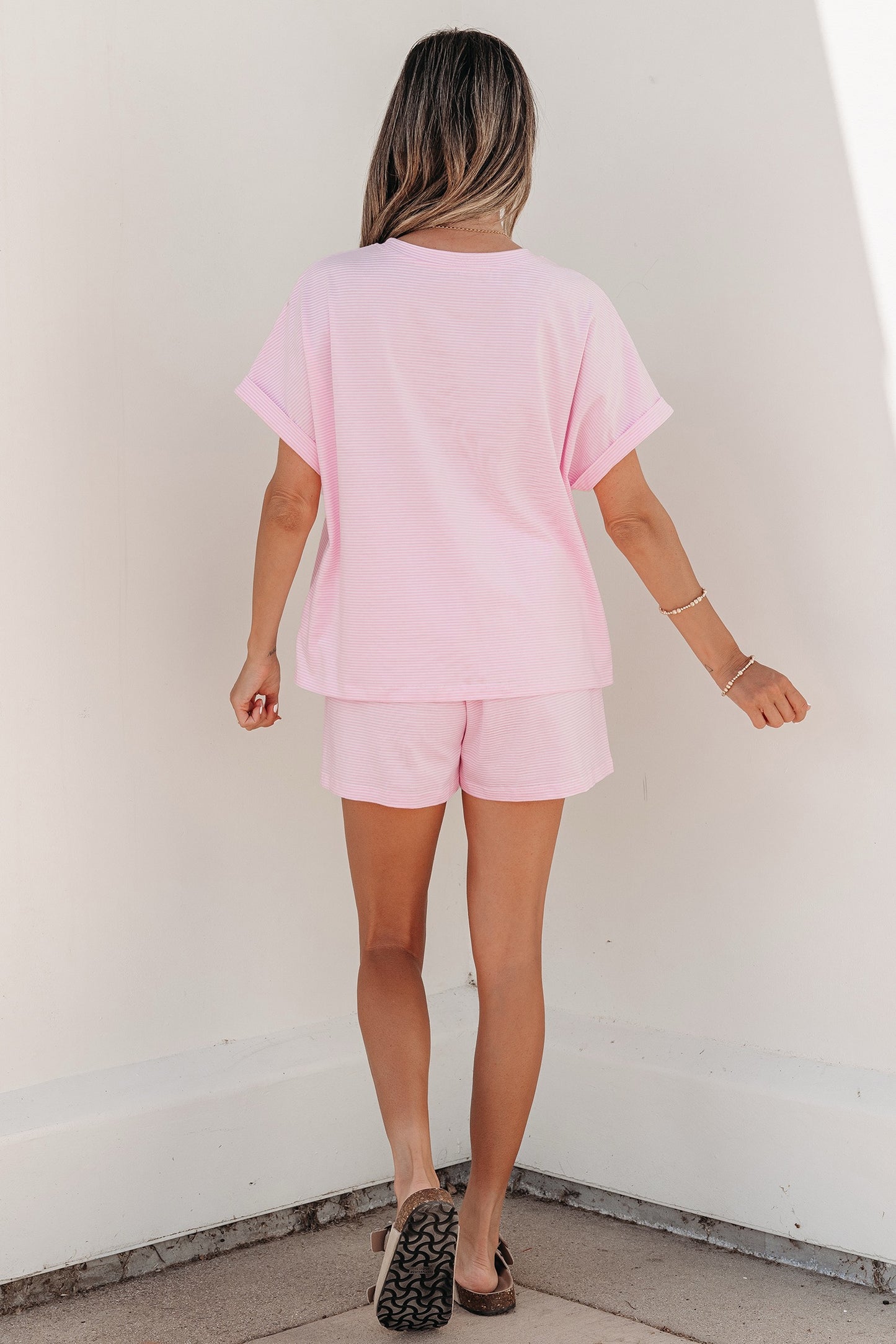 Pink Stripe Matching Oversized Tee and Drawstring Shorts Set