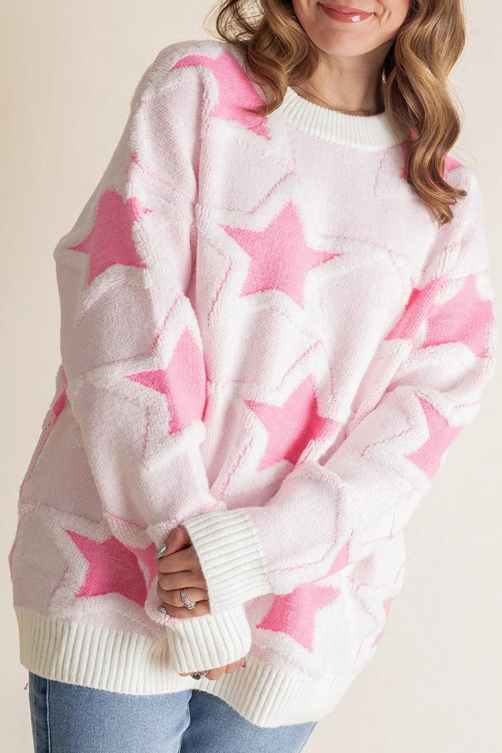 Pink Oversized Star Pattern Ribbed Edge Drop Shoulder Sweater