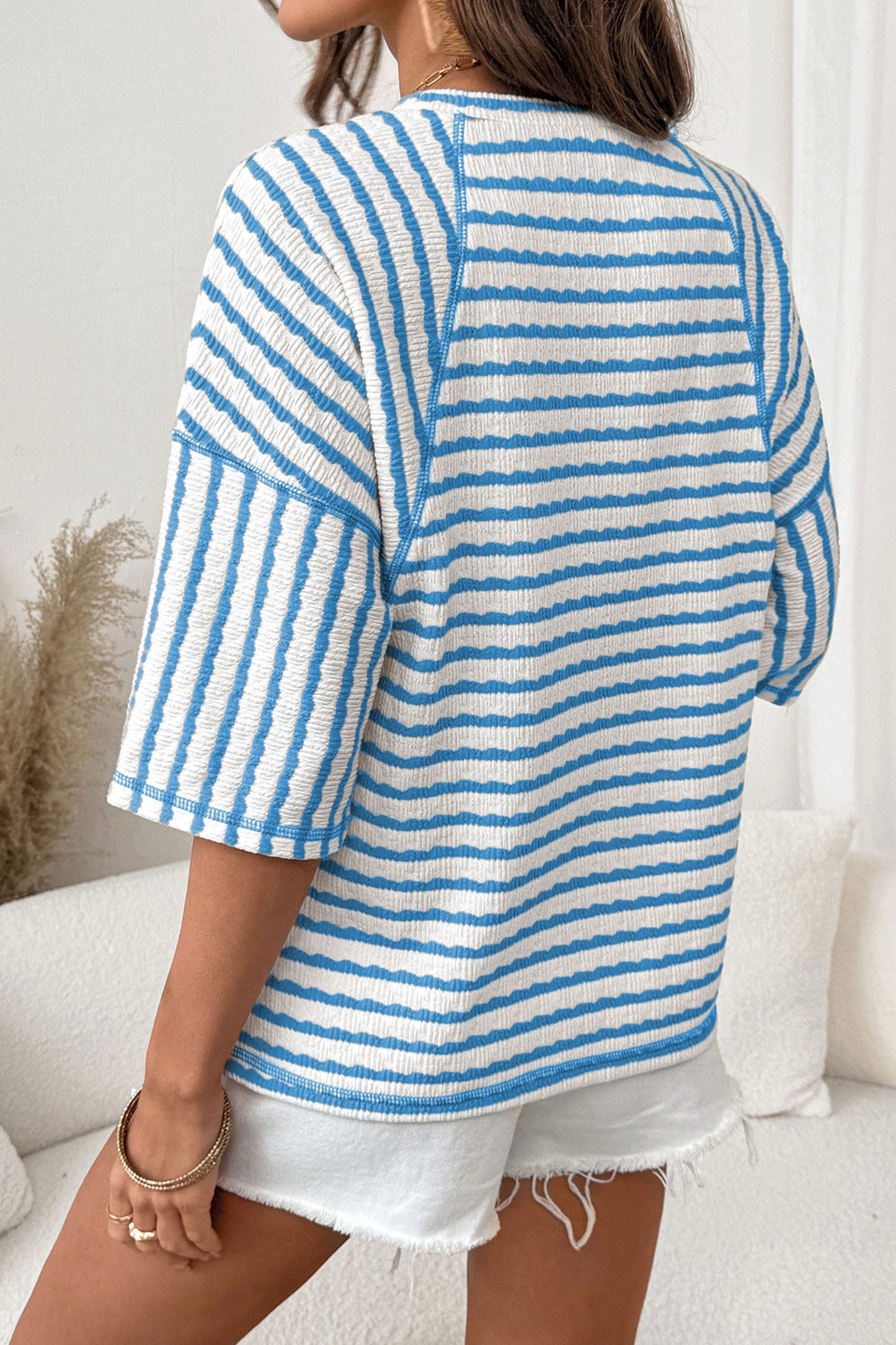 Blue Stripe Scallop Lace Trim Ruffle Short Sleeves Crewneck Top