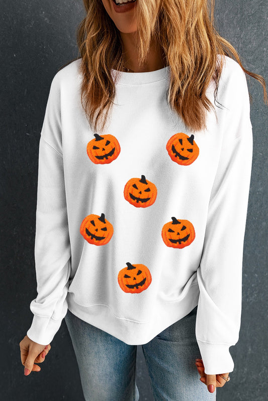 White Pumpkin Face Patched Pattern Halloween Crew Neck Sweatshirt