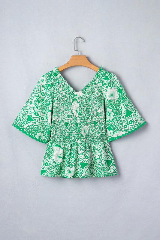 Green Flirty Floral Smocked V Neck Top