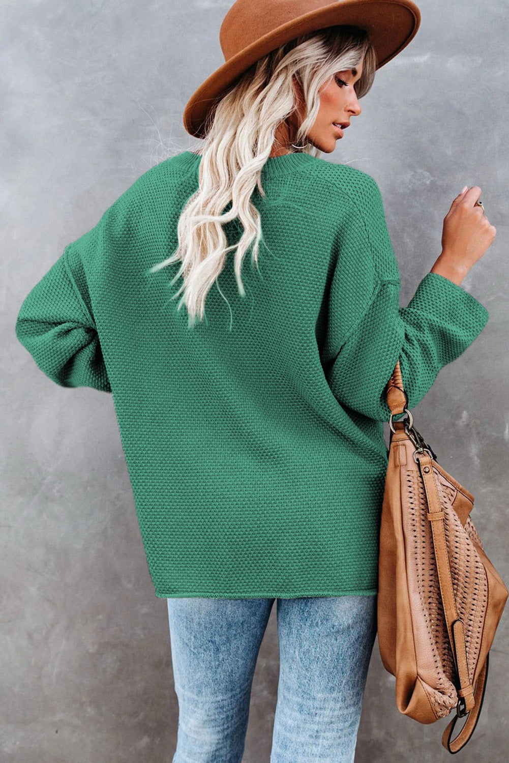 Green Henley Pullover Drop Shoulder Knit Top with Side Slits
