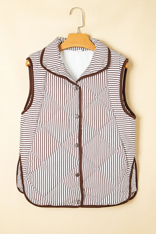Brown Stripe Snap Button Scalloped Hem Collared Vest