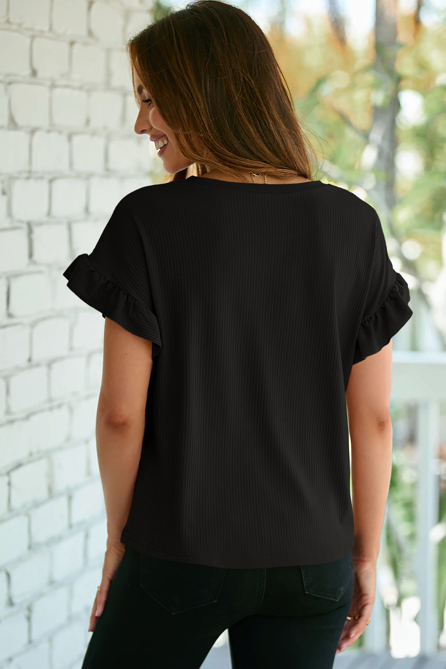 Black Ribbed Ruffle Sleeve Pull Over Top