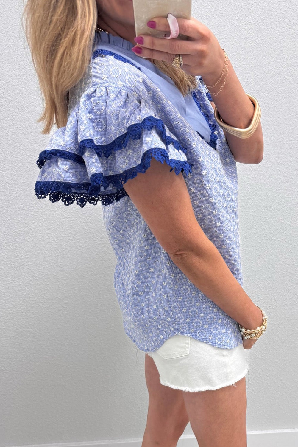 Blue Square Neck Short Puff Sleeve Pleated Floral Blouse