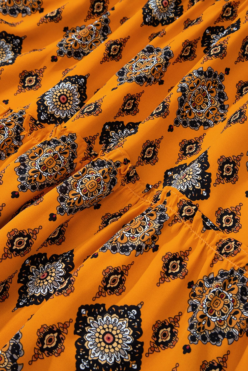 Orange Geometric Print Tiered Frilled Loose Fit Midi Dress
