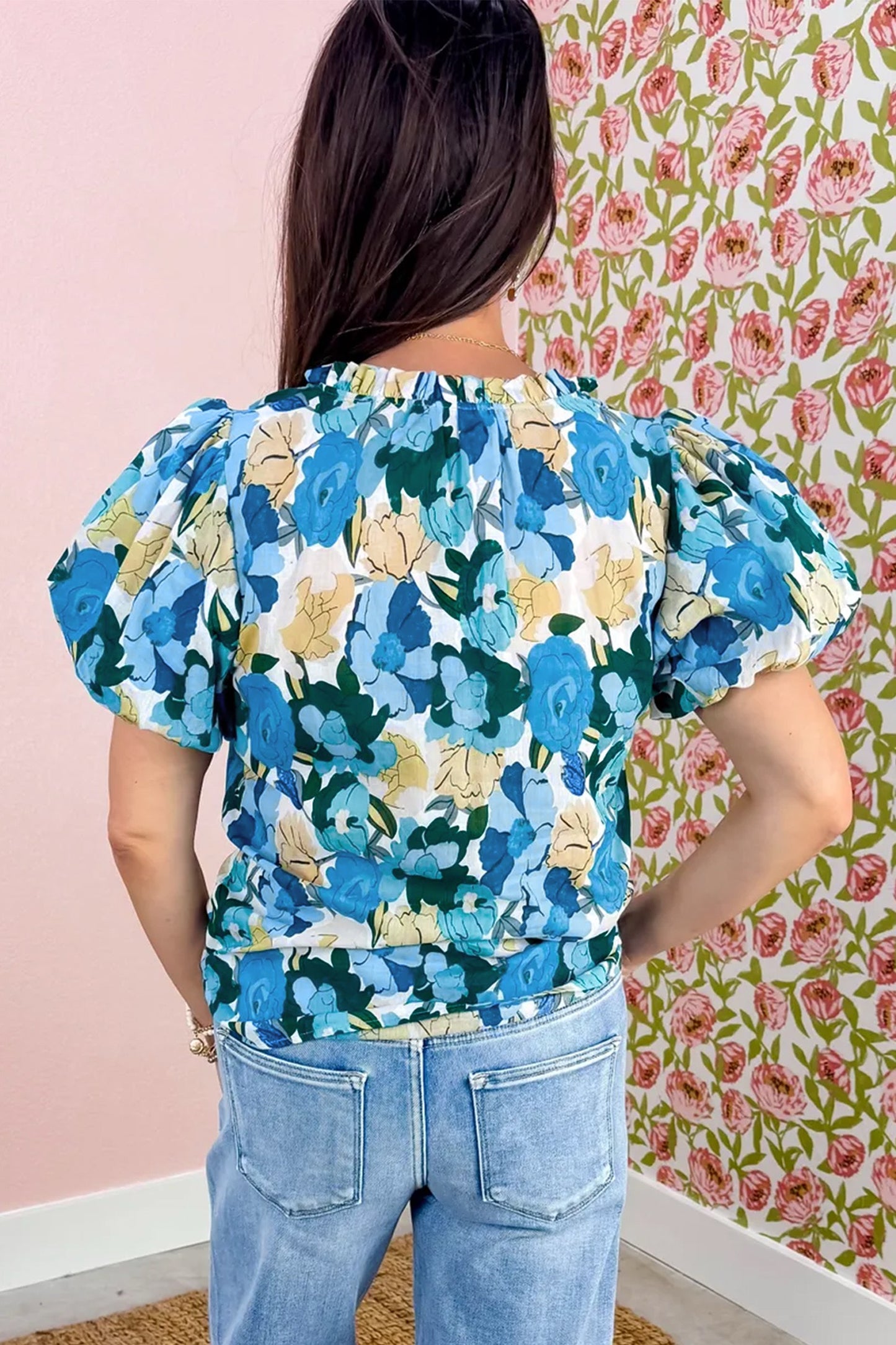 Beige Floral Print Contrasted Frilled Striped Trim Short Sleeve