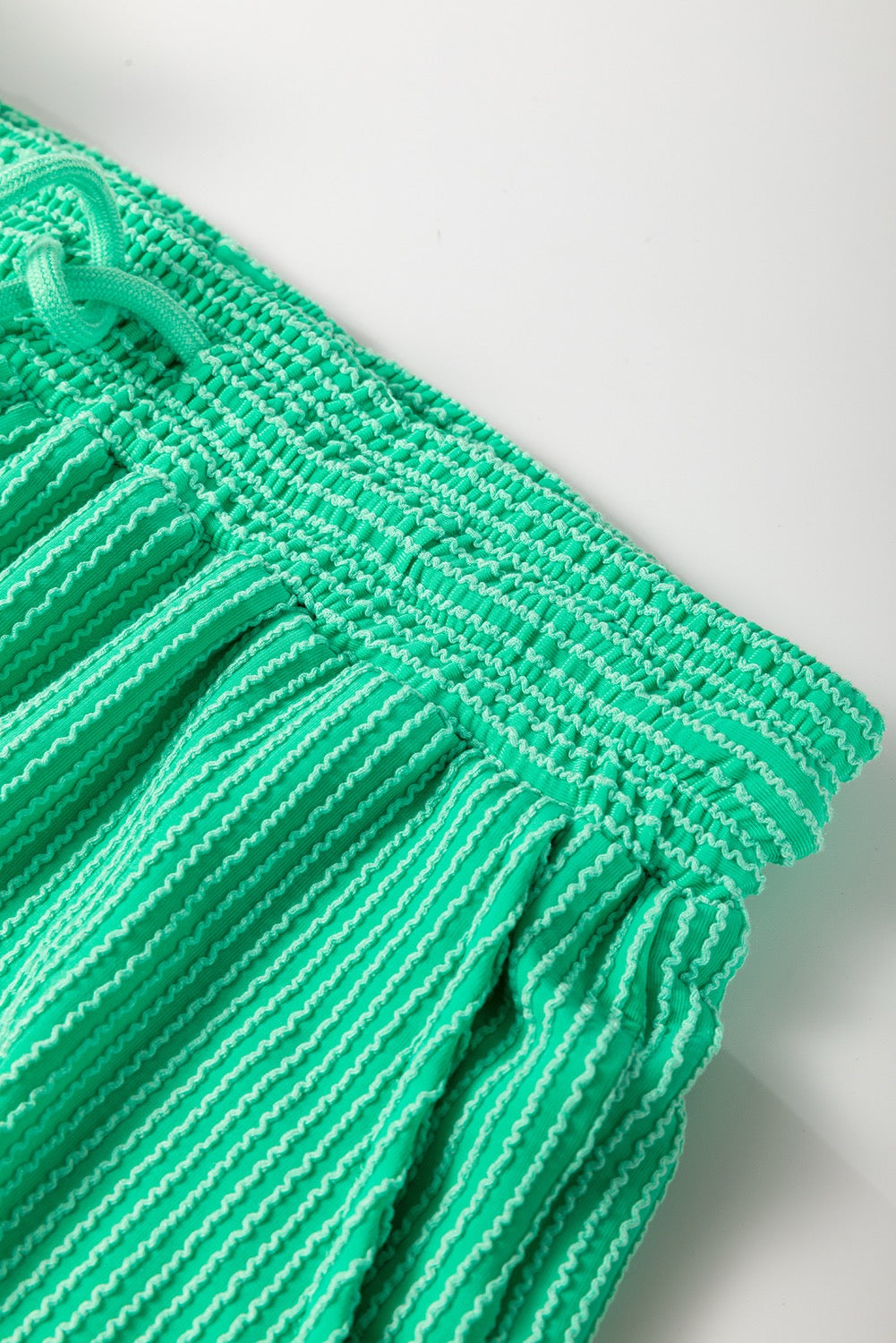 Solid Green Corded Knit Short Sleeve T Shirt and Wide Leg Pants Set