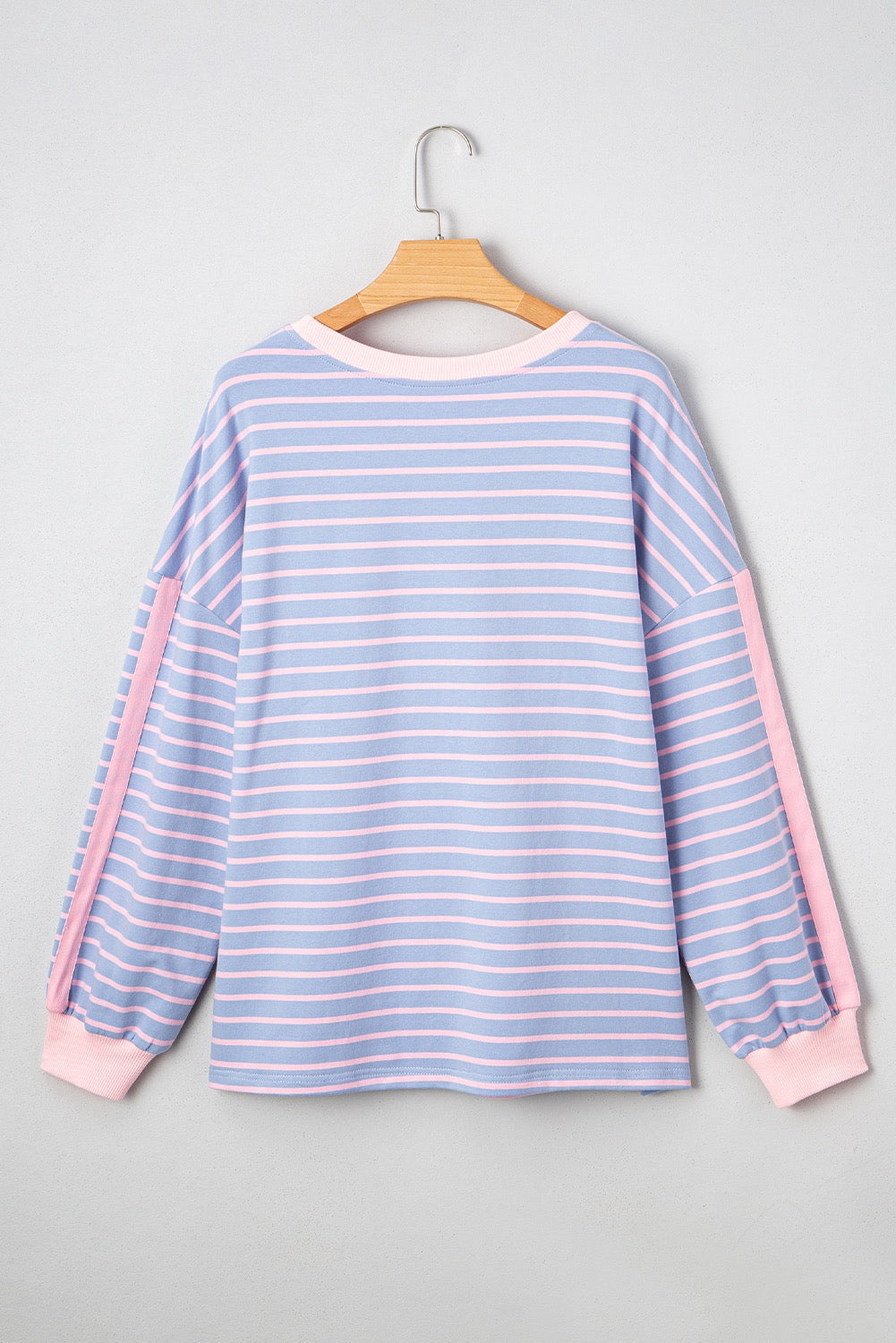Blue Stripe Oversize Contrast Trim Drop Shoulder Casual Top