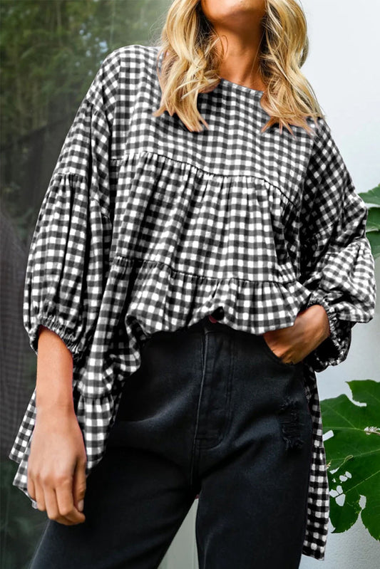 Black Checkered Babydoll Blouse
