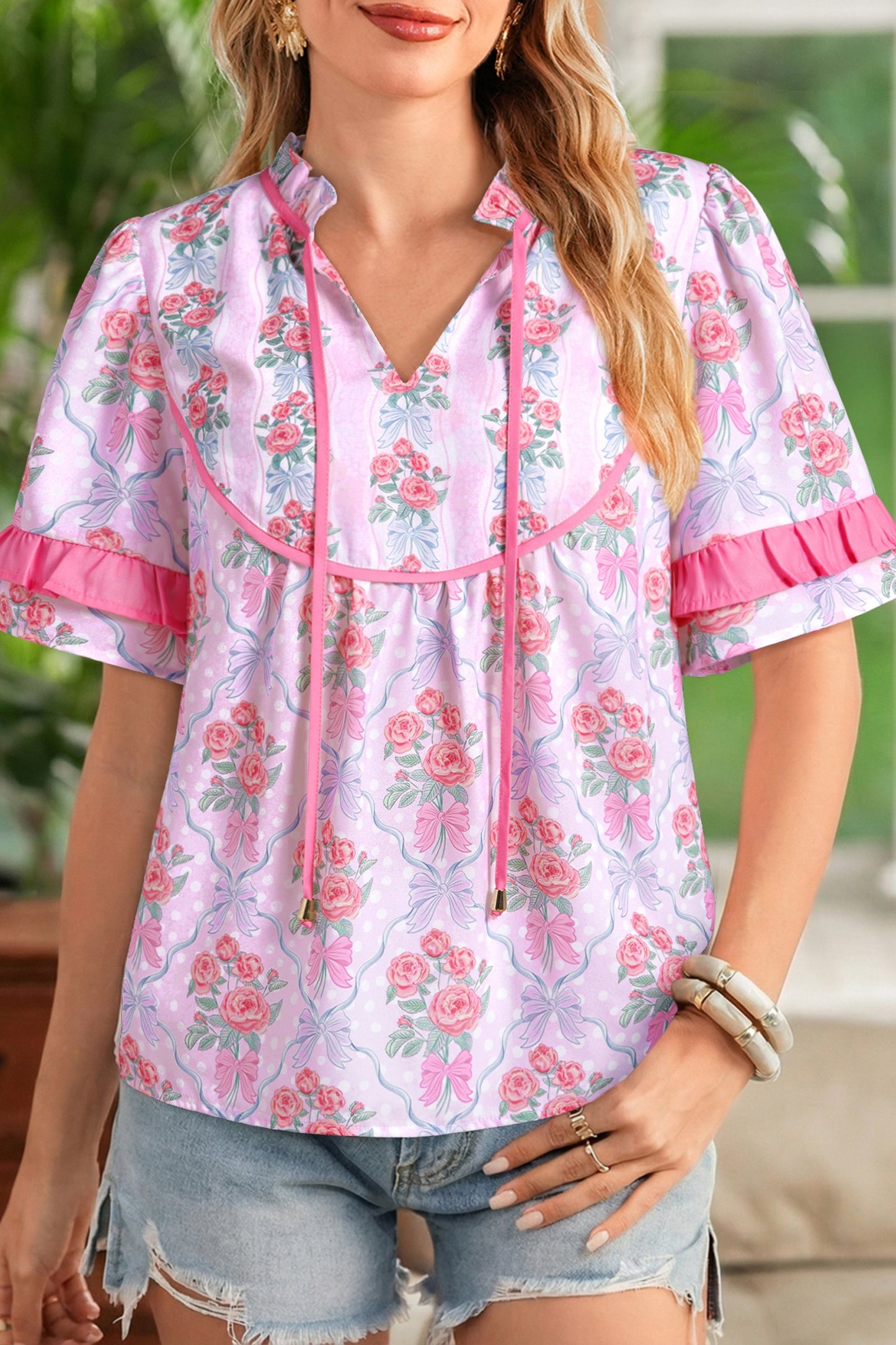 Purple Floral Bow Printed Contrast Ruffled Short Sleeve Blouse