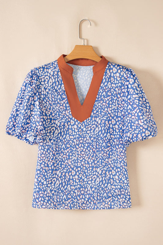 Puff Sleeve Blue Leopard Top