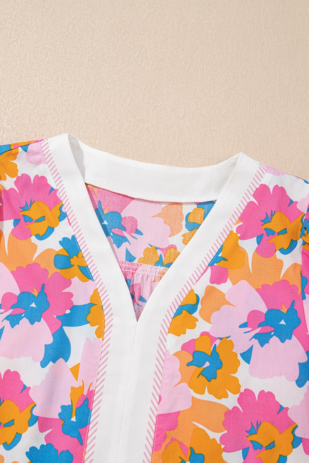 White Floral Striped Edge Short Sleeve Blouse
