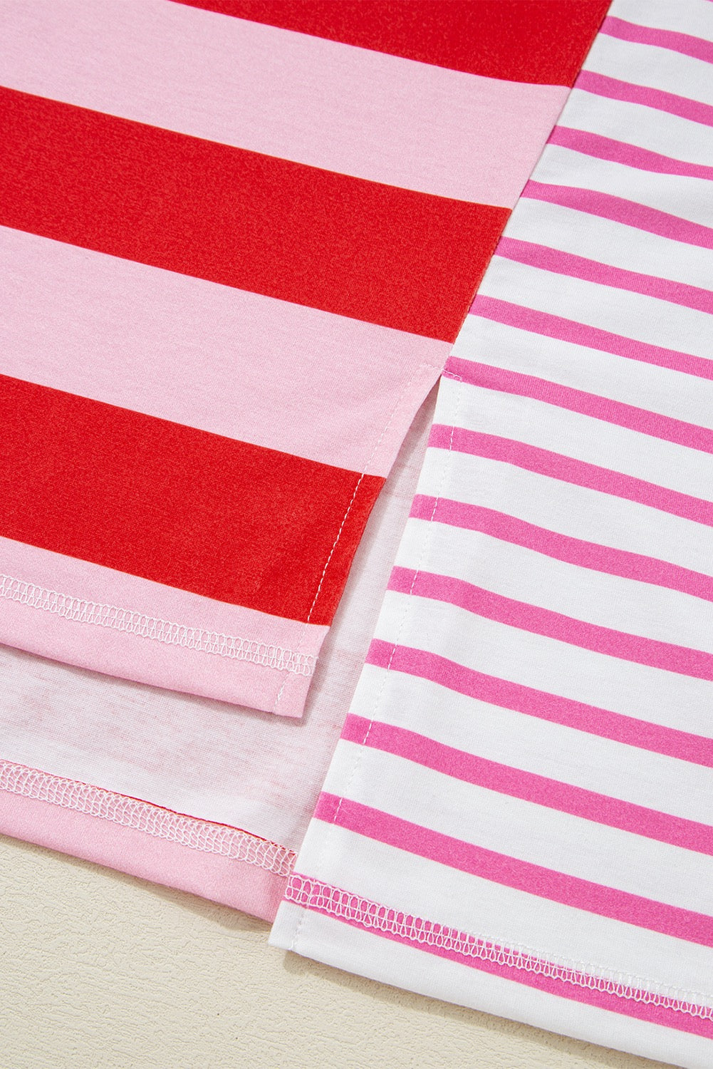 Pink Stripe Patchwork Round Neck Side Split Loose Tee