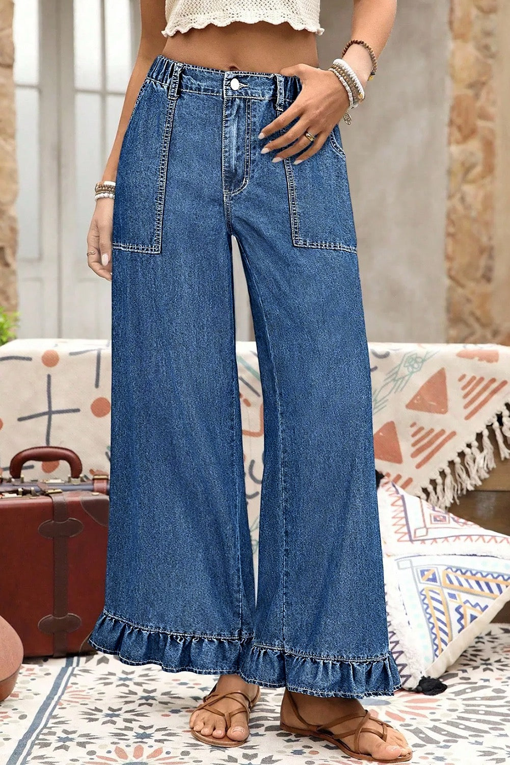 Medium Wash Plus Size Elastic Waist Ruffled Wide Leg Denim Pants