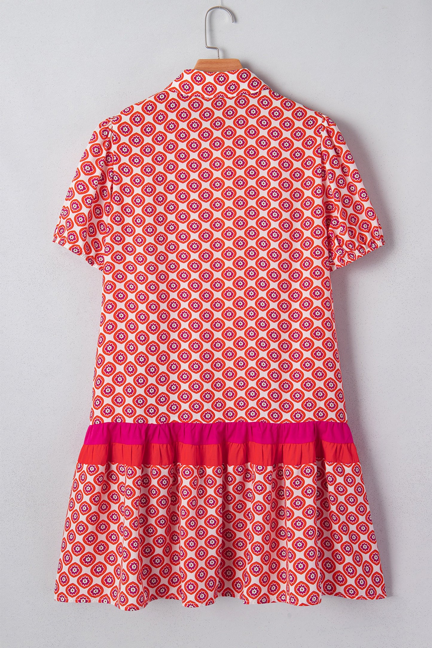 Geometric Floral Print Button Front Ruffle Hem Dress