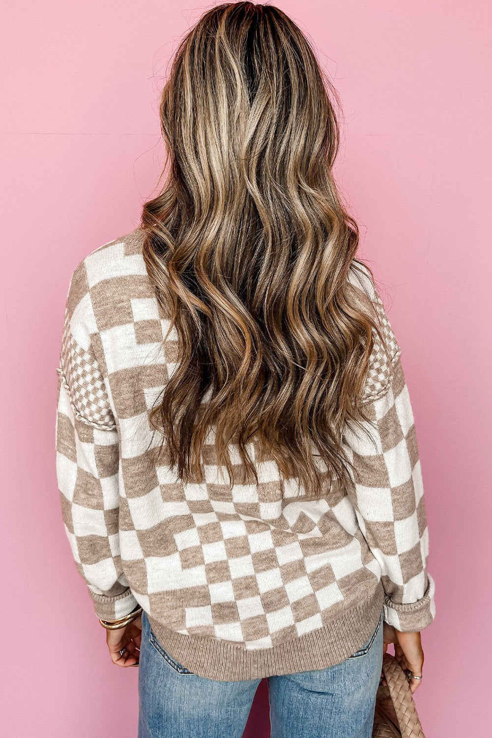 Beige Checkered Round Neck Sweater