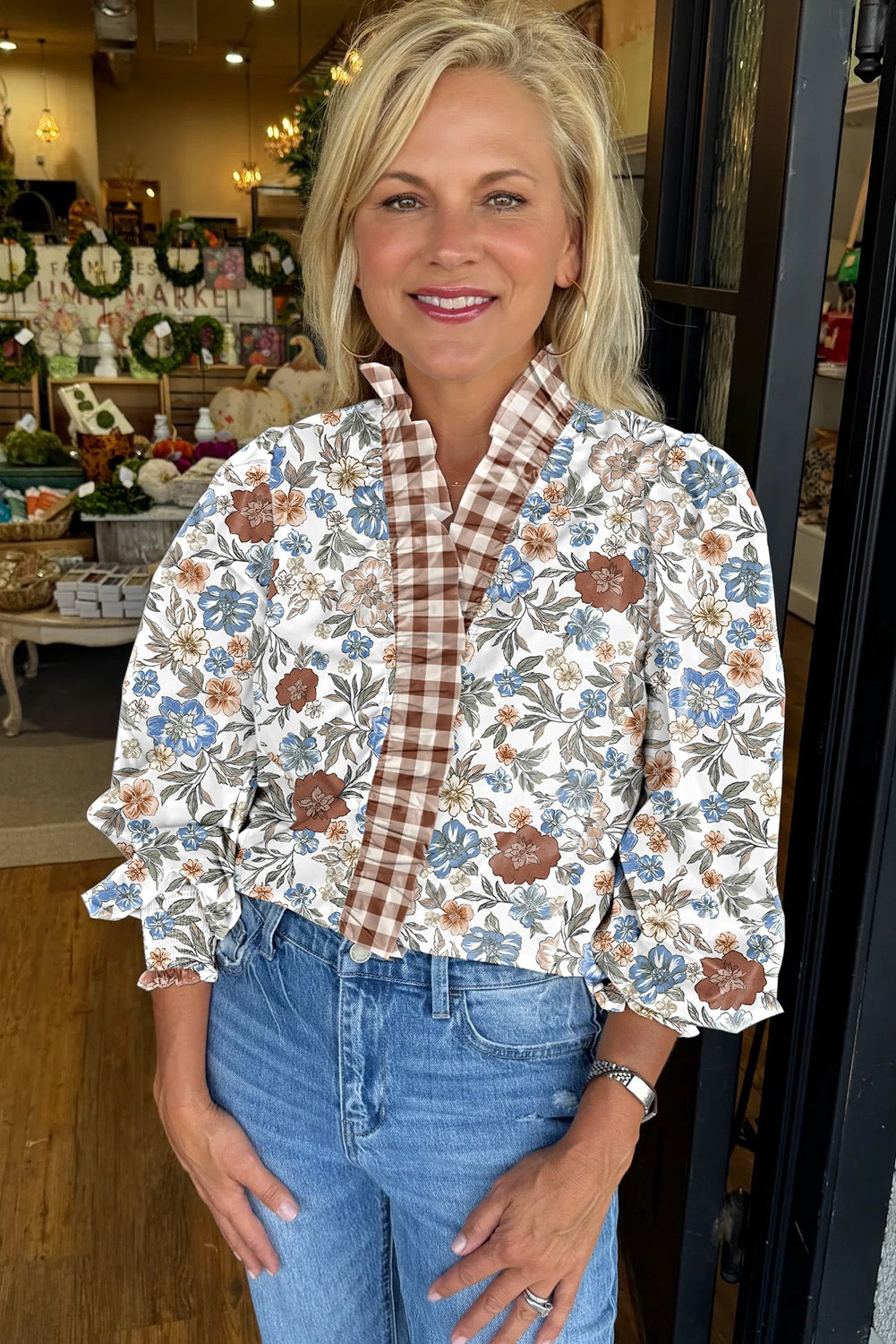 Brown Plaid Frilled Trim V Neck Floral Long Sleeve Blouse