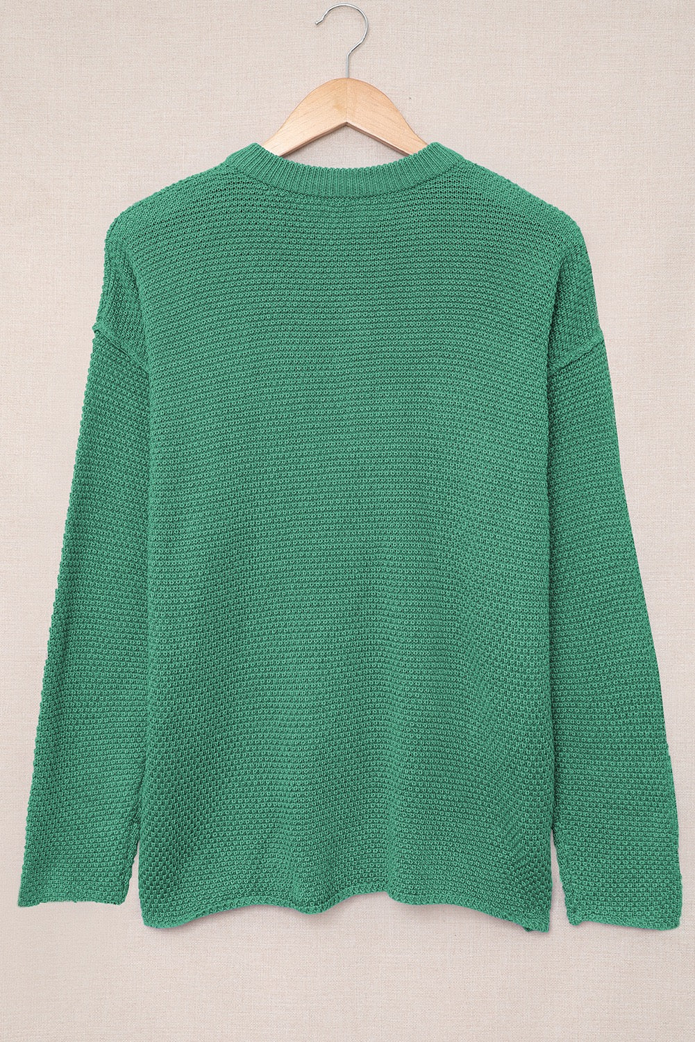 Green Henley Pullover Drop Shoulder Knit Top with Side Slits