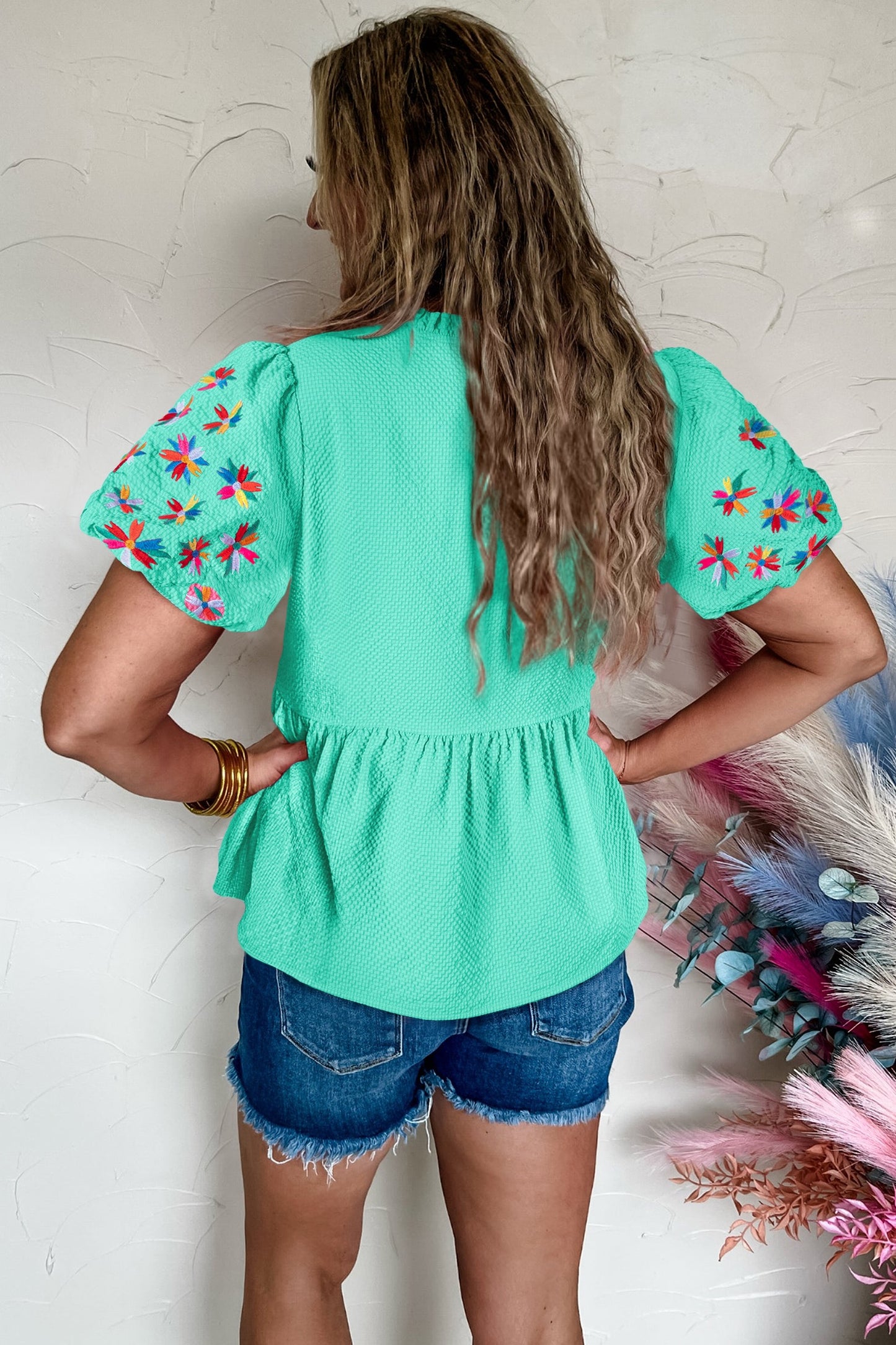 Mint Green Frilled V Neck Flower Embroidered Puff Sleeve Textured Top