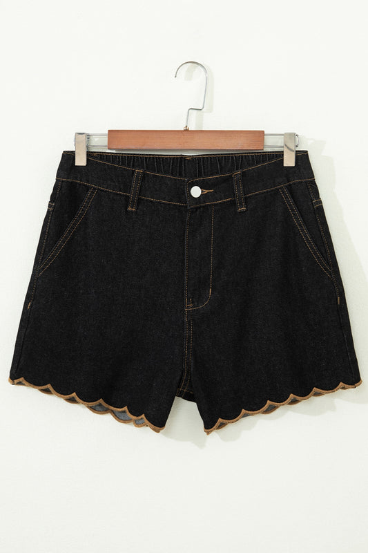 Black Embroidered Scalloped Trim Relaxed Denim Shorts