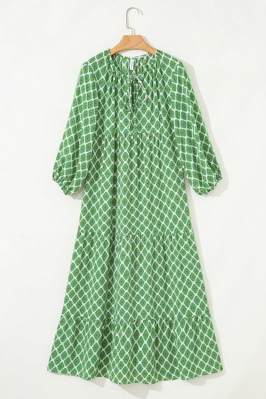 Green Boho Printed Half Sleeve Maxi Dress
