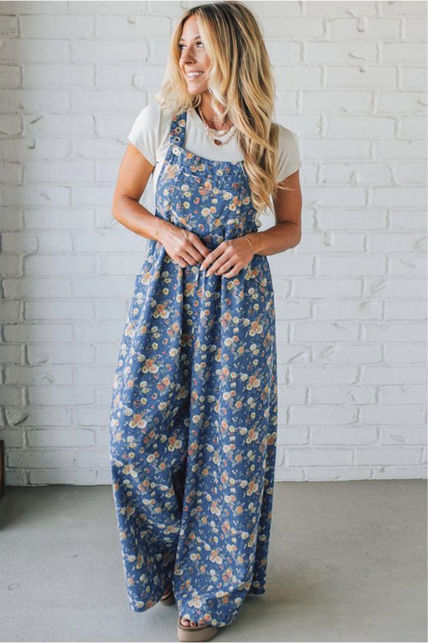 Vintage Rose Printed Pleated Loose Denim Overall (ships 4/5)