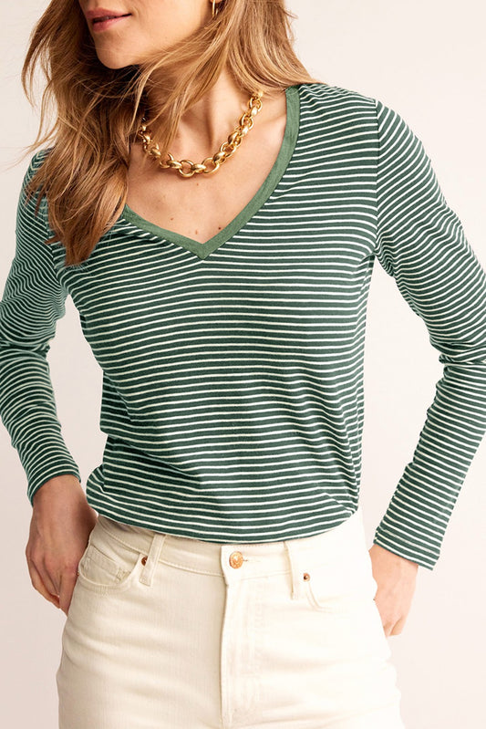 Green Stripe V Neck Stretchy Long Sleeve Top