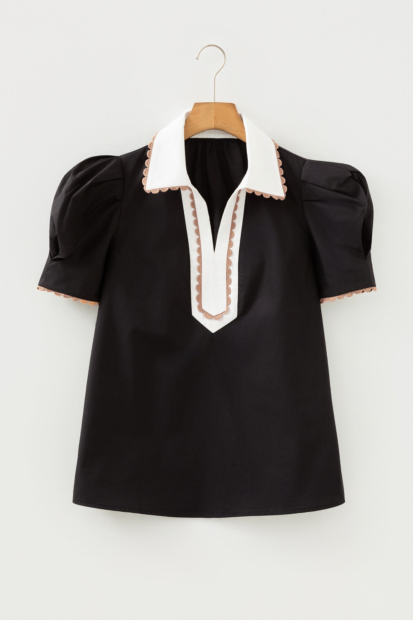Black Ricrac Trim Color Block Patchwork Collar Short Sleeve Shirt