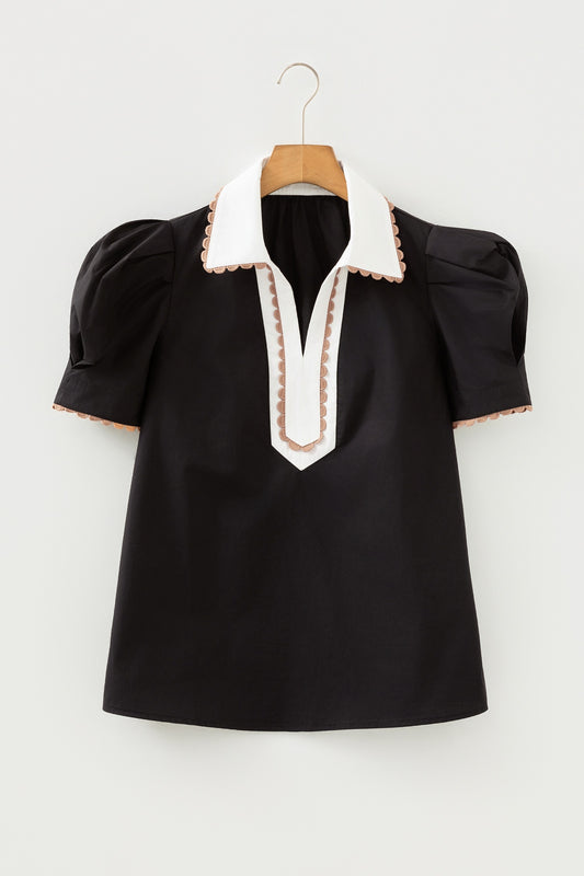 Black Ricrac Trim Color Block Patchwork Collar Short Sleeve Shirt