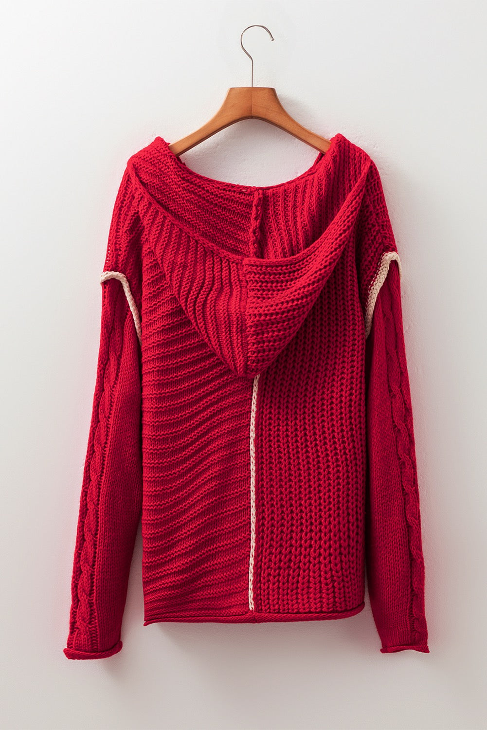 Racing Red Color Contrast Trim Textured Knit Drawstring Hooded Sweater