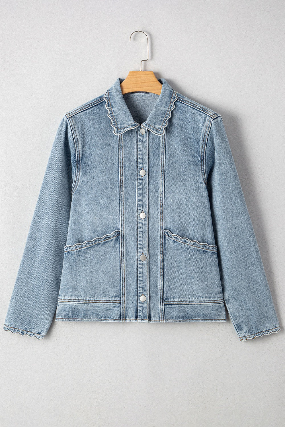Scallop Trim, Button Up Denim Jacket, Medium Wash