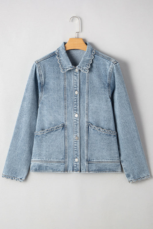 Scallop Trim, Button Up Denim Jacket, Medium Wash