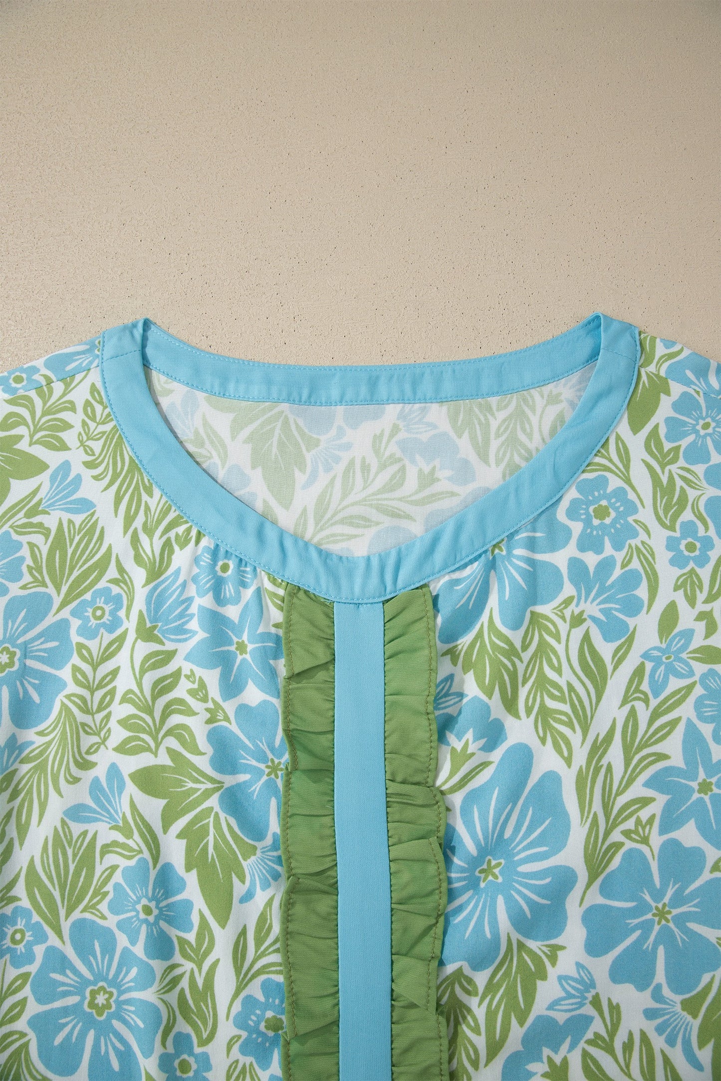 Blue Floral Print Ruffled Color Block Trim Half Sleeve Blouse